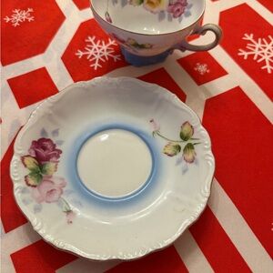 Floral Blue and White Teacup and Saucer Set